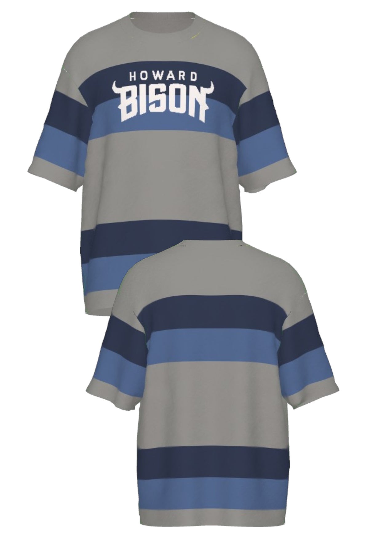 Howard University Broad Stripe Rugby short sleeve Knit Sweater by SOUNDOFF, featuring a grey knit with broad navy and denim rugby stripes, grey trim, and white HOWARD BISON lettering with an arched BISON design and horn details. FRONT and BACK