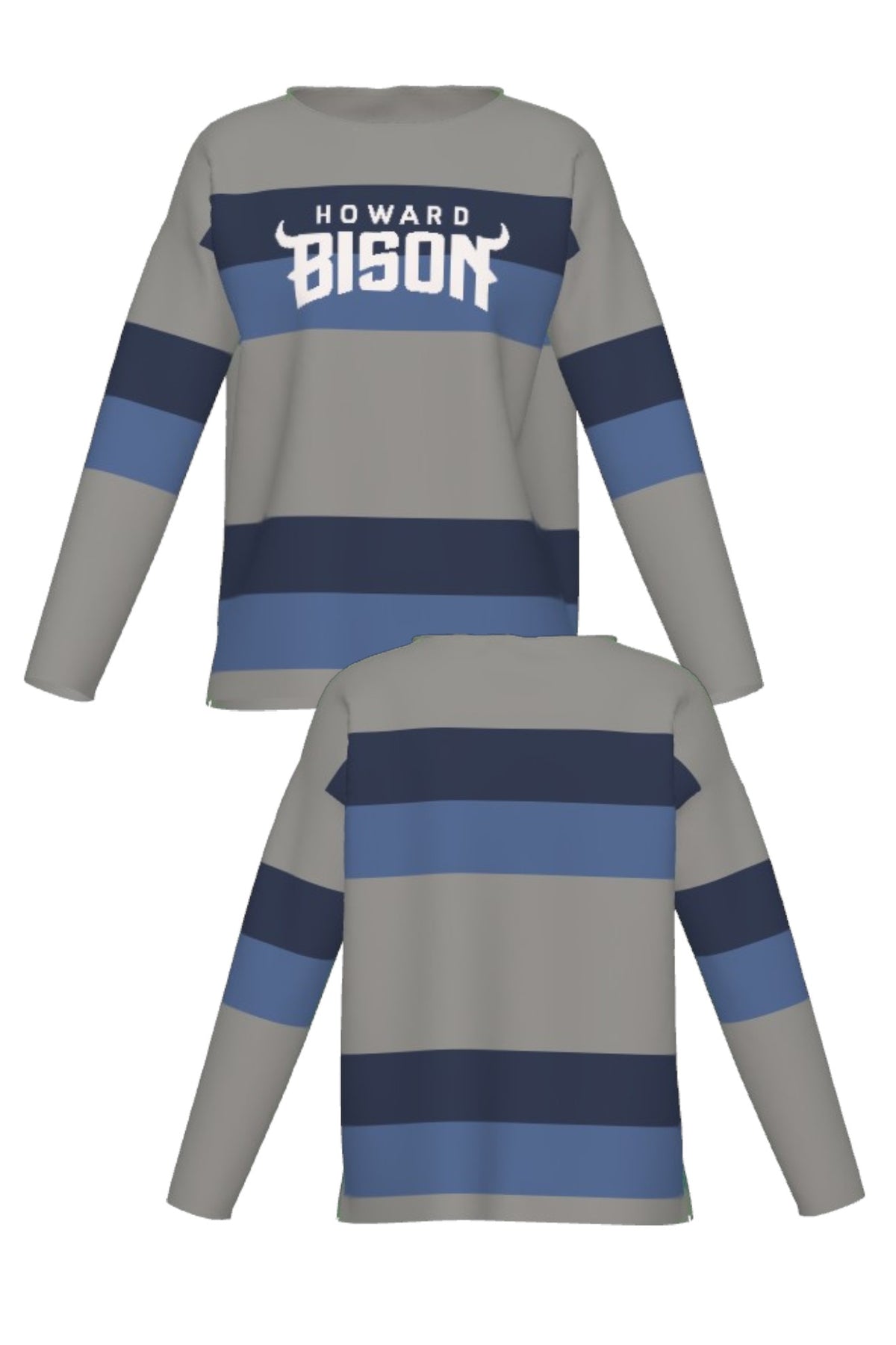 Howard University Broad Stripe Rugby Women's Knit Sweater by SOUNDOFF, featuring a grey knit with broad navy and denim rugby stripes, grey trim, and white HOWARD BISON lettering with an arched BISON design and horn details. FRONT and BACK