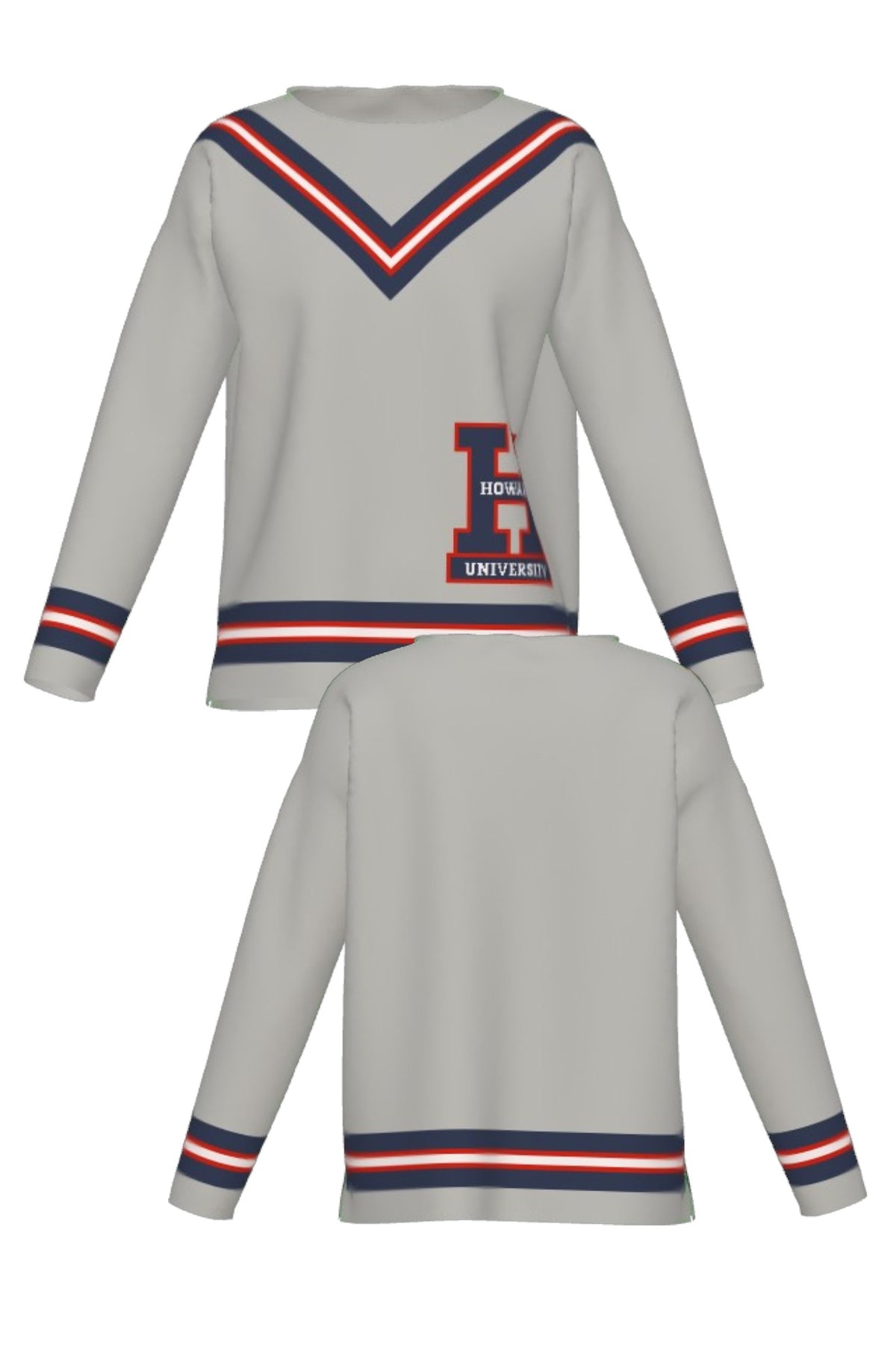 Howard University Chevron Knit women's Sweater by SOUNDOFF, featuring a light grey sweater with matching trim, Howard Navy, White and Grey Chevron stripes on the front, hem and sleeves, and a knitted Block H with HOWARD and UNIVERSITY on the front. - FRONT and BACK