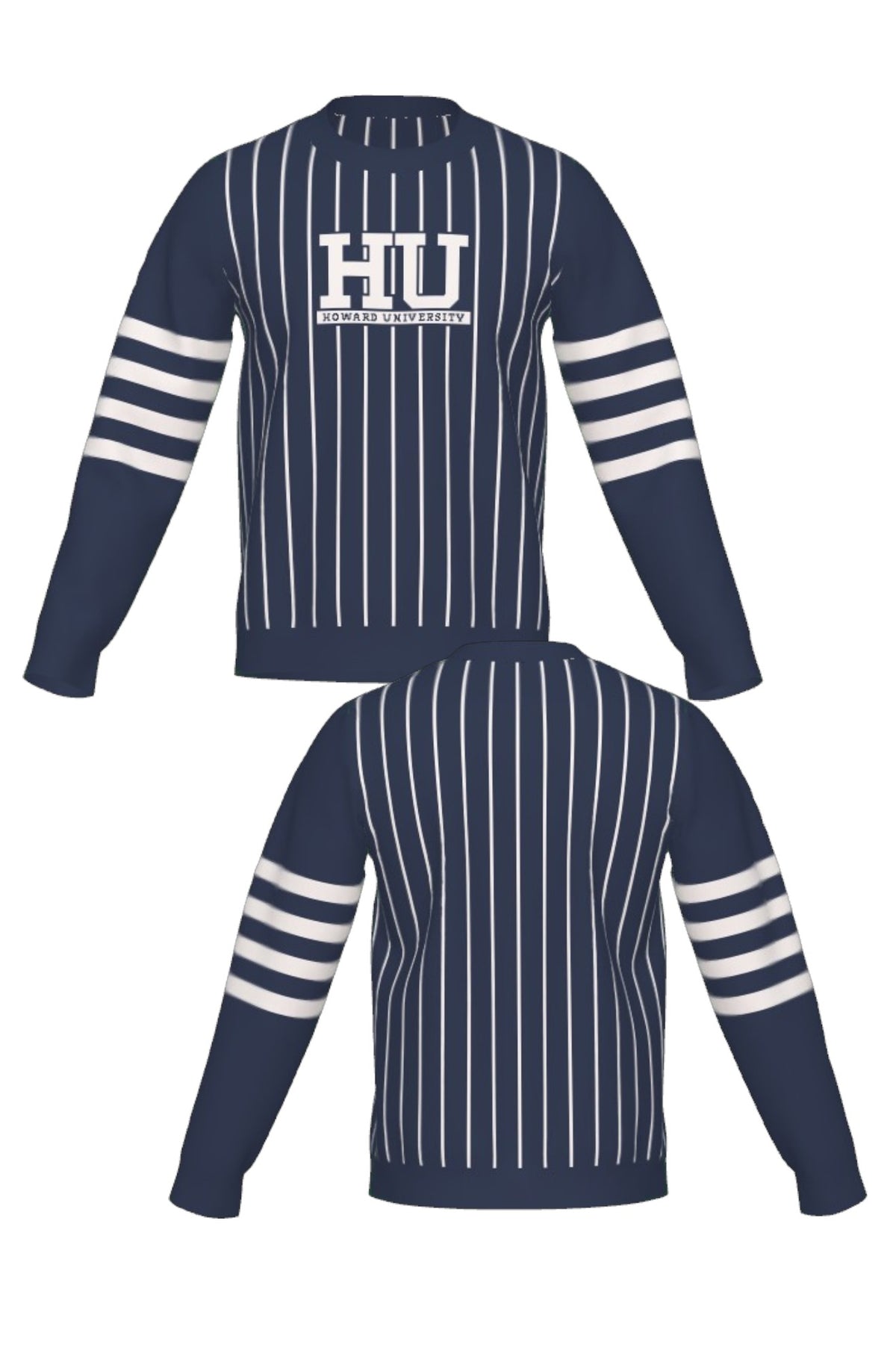 Howard University Pinstripe Crew Neck Knit Sweater by SOUNDOFF, featuring a navy sweater with white pinstripes on the front and back, four white sleeve stripes, and a white HU block logo with HOWARD UNIVERSITY in navy. FRONT AND BACK