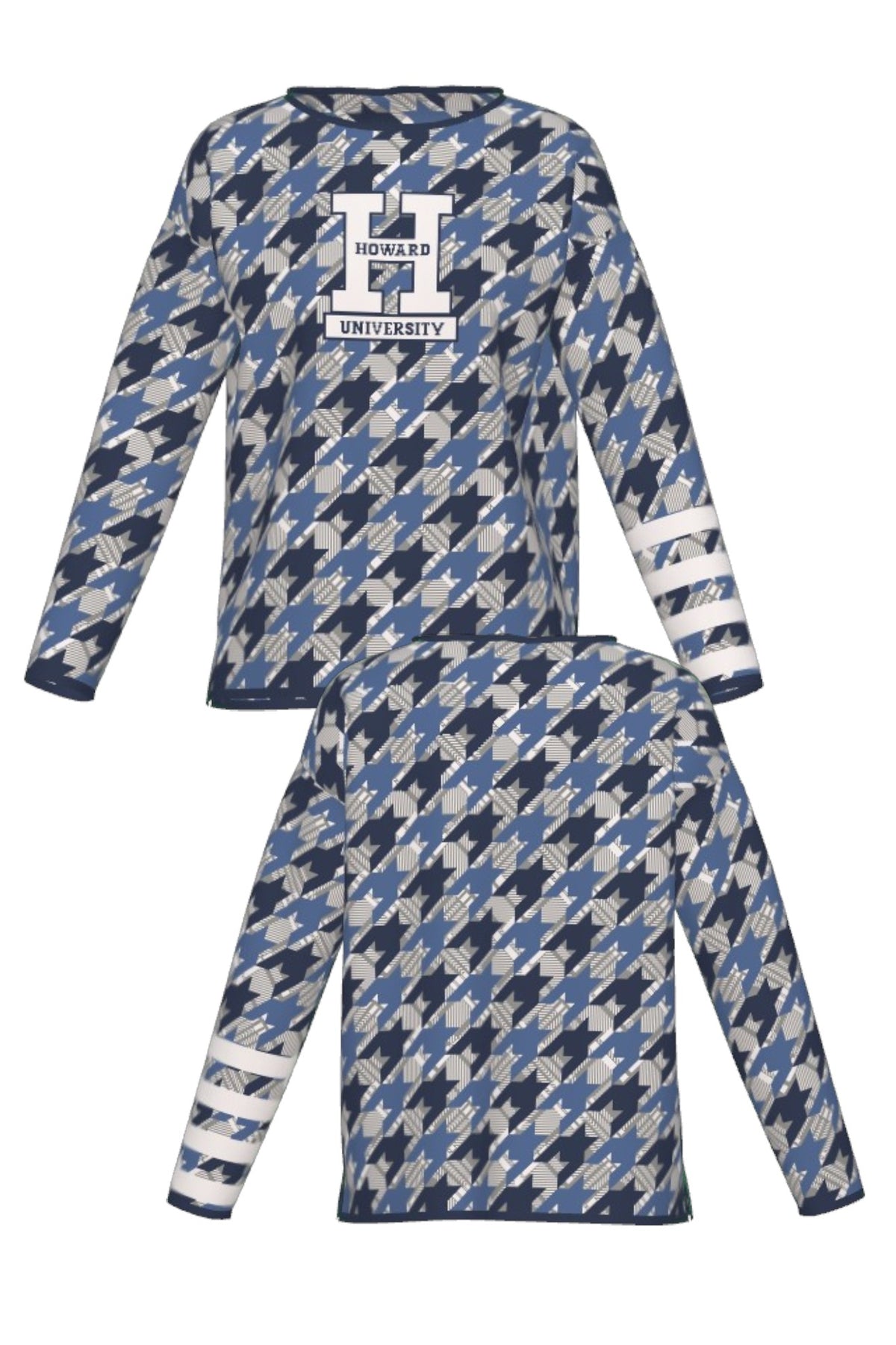 Howard University Composite Houndstooth Knit women's Sweater by SOUNDOFF, featuring a navy, denim and grey houndstooth design with navy trim, white knitted Block H with HOWARD and UNIVERSITY in navy on the front, and four grey stripes on the left sleeve. - FRONT