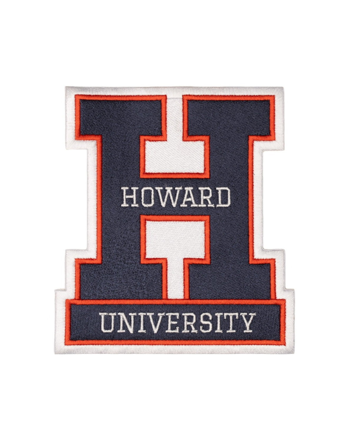 Howard University Block H Varsity embroidered patch by SOUNDOFF, featuring a navy Block H with HOWARD in white across the center and UNIVERSITY below, with red and white background and trim, 5.6 inches wide x 6.3 inches tall, front view.