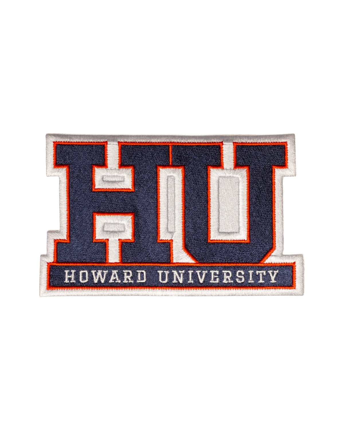 Howard University Block HU Crest embroidered patch by SOUNDOFF, featuring a large navy Block HU above HOWARD UNIVERSITY in white on a navy bar, with red and white background and trim, 3.3 x 2.0 inches, front view.