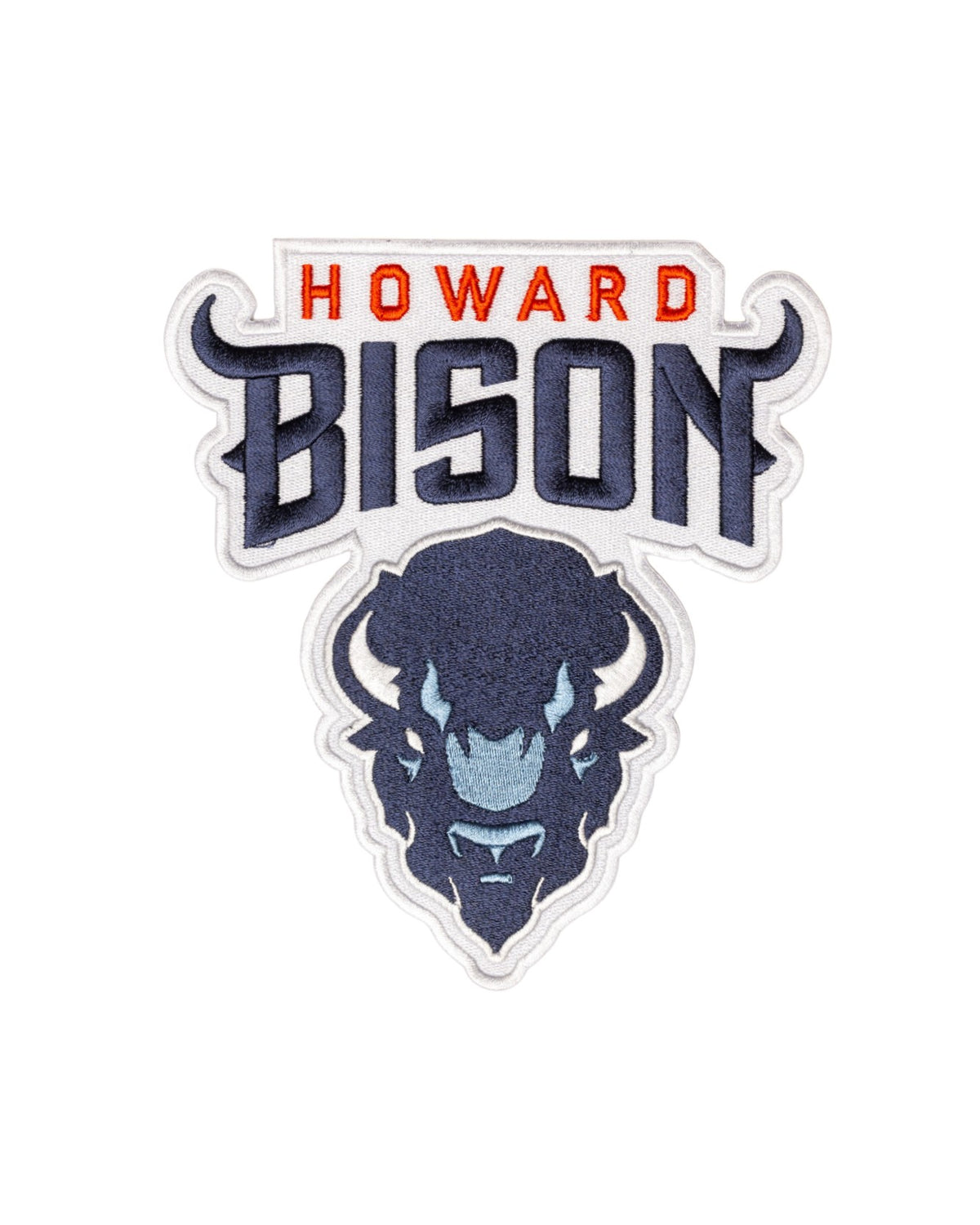 Howard University Bison Big Blue Mascot Varsity embroidered patch by SOUNDOFF, featuring red HOWARD lettering, stylized navy BISON lettering, and Big Blue Bison mascot head with white background and trim, 5.6 inches wide x 6.3 inches tall, front view.