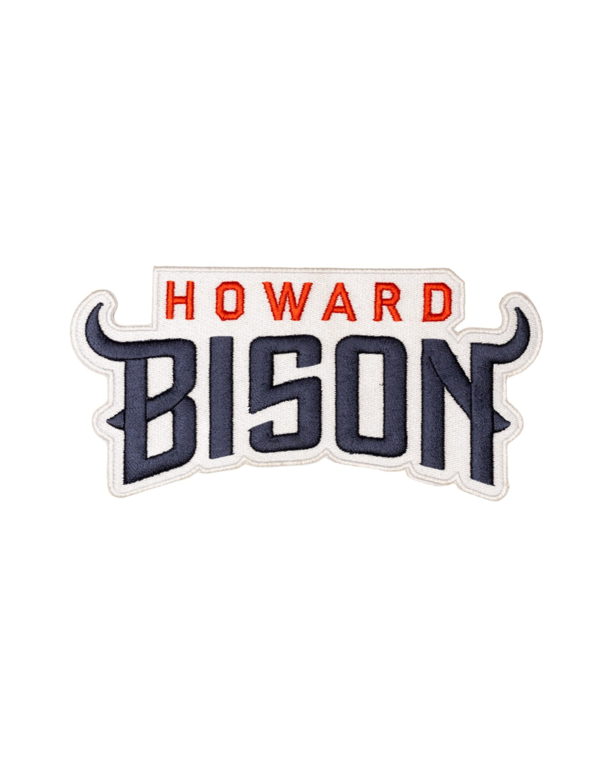 Howard Bison Varsity embroidered patch by SOUNDOFF, featuring HOWARD in red above a stylized navy BISON design with horns, white background and trim, 6.0 x 2.9 inches, front view.
