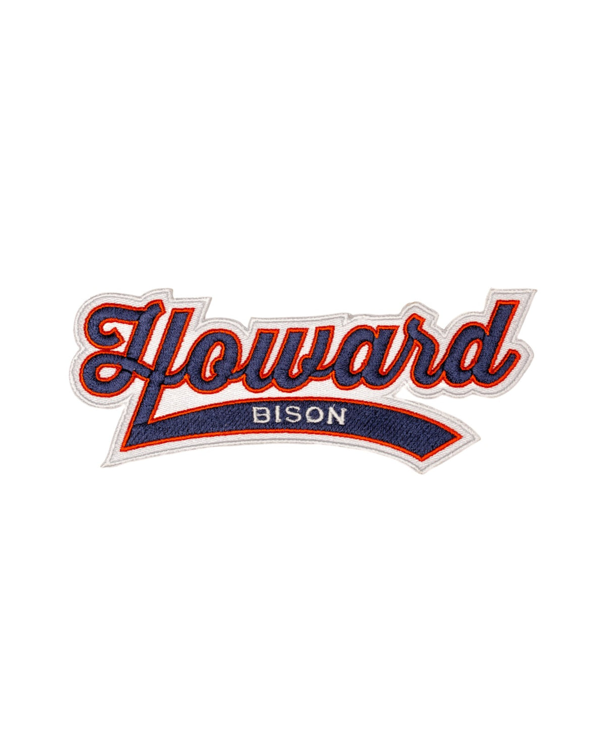 Howard Bison Script embroidered Crest patch by SOUNDOFF, featuring navy script Howard above a navy pennant with BISON in white lettering, trimmed in Howard red and white, 3.3 x 1.3 inches, front view.