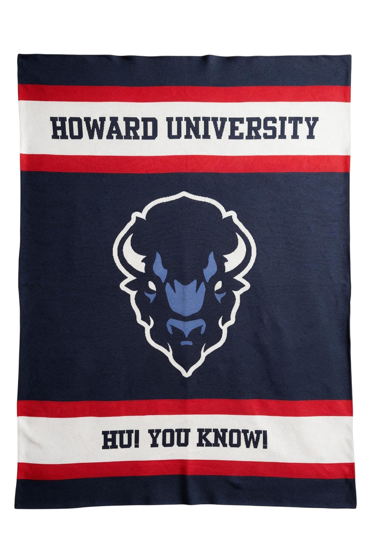 Howard University Varsity Knit Throw Blanket 50 x 70 Navy Red and White with Big Blue Bison Head by SOUNDOFF - front