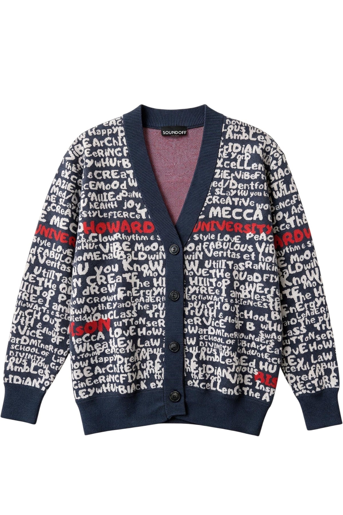 Howard University Yard Scribes Hooded Knit Cardigan Sweater in Navy Blue with White Graffiti Design and Red Lettering by SOUNDOFF and Michelle Metcalf - front