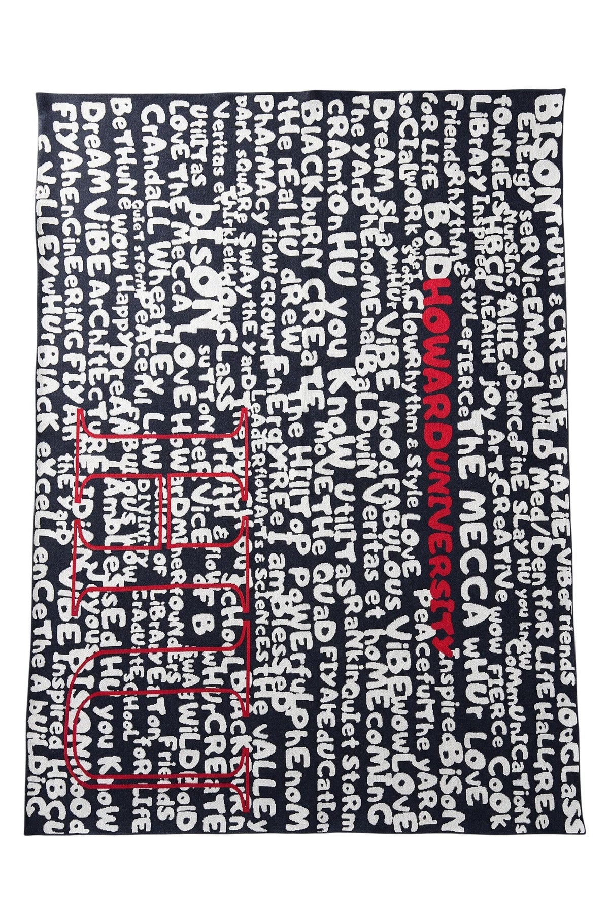 Howard University Yard Scribes Knit Throw Blanket 50 x 70 Navy Blue White and Red Graffiti Design by SOUNDOFF and Michelle Metcalf - front