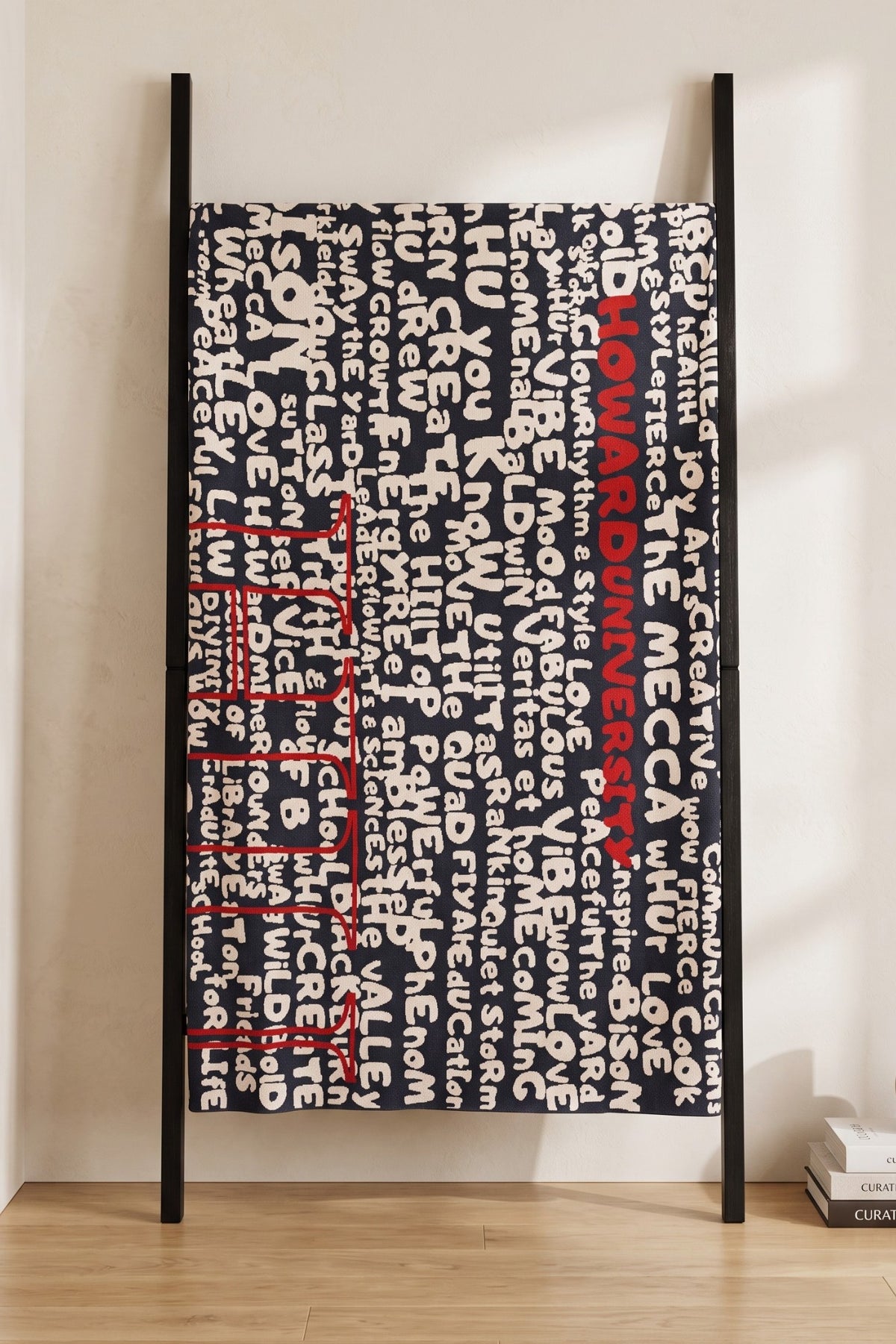 Howard University Yard Scribes Knit Throw Blanket 50 x 70 Navy Blue White and Red Graffiti Design by SOUNDOFF and Michelle Metcalf - hanging