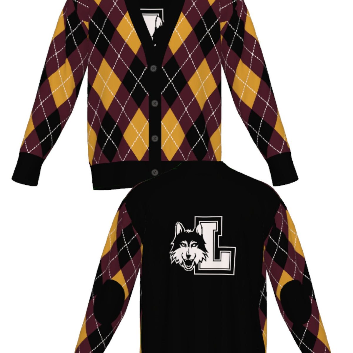 Loyola University Chicago Argyle Knit Cardigan Sweater by Soundoff in burgundy, mustard, black and white front and back