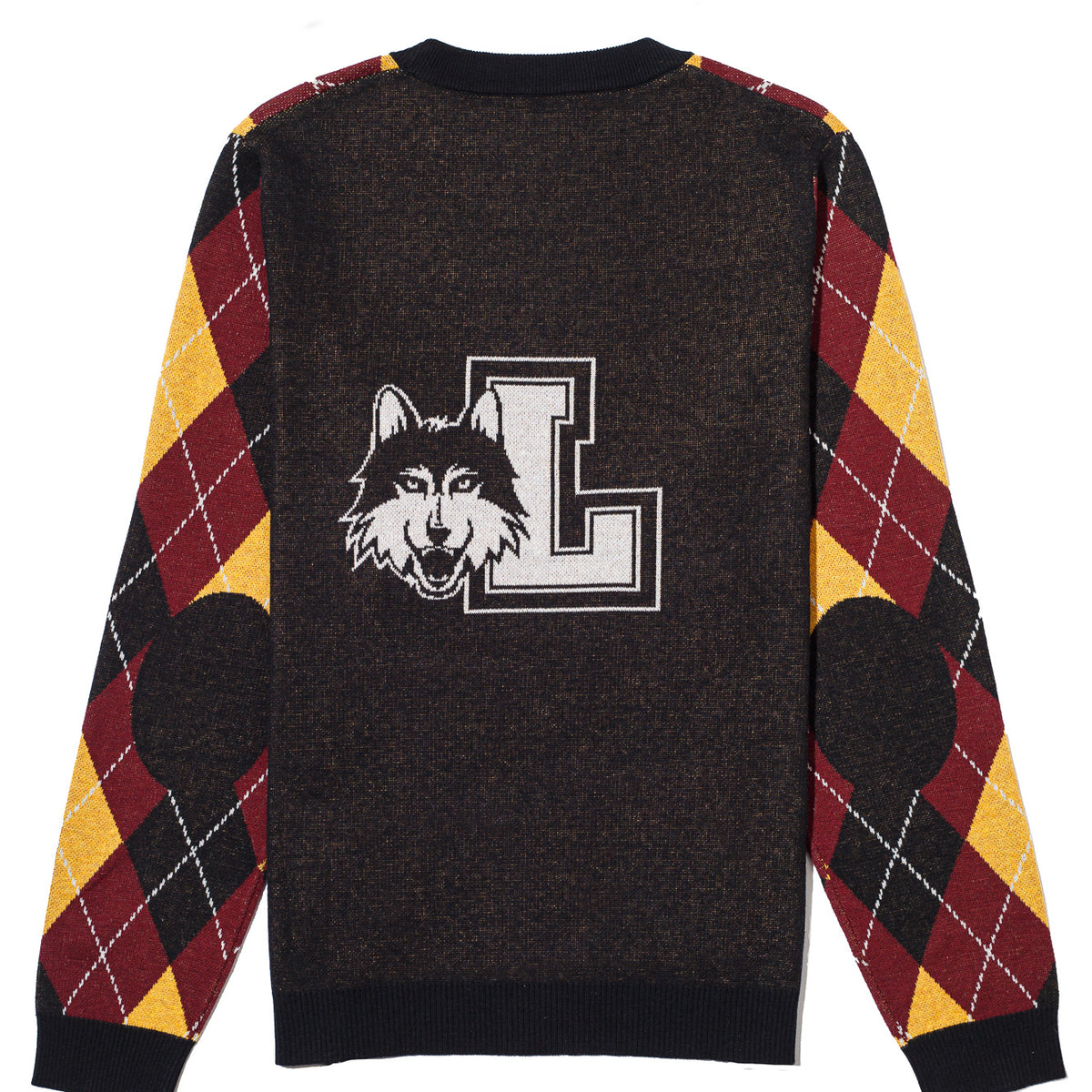 Loyola University Chicago Argyle Knit Classic Crew Neck Sweater by Soundoff in burgundy, mustard, black and white back