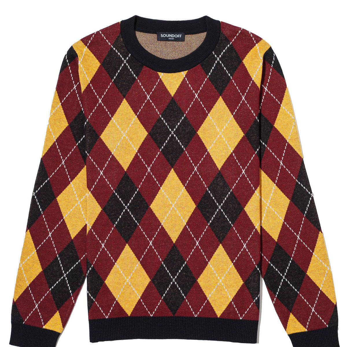 Loyola University Chicago Argyle Knit Classic Crew Neck Sweater by Soundoff in burgundy, mustard, black and white front