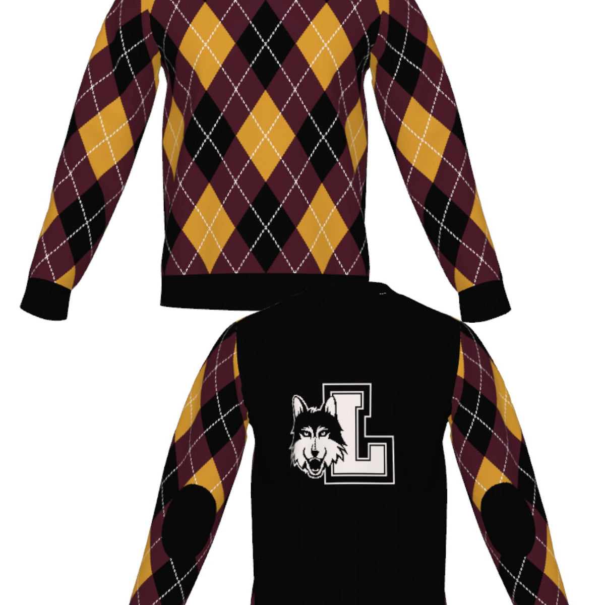 Loyola University Chicago Argyle Knit Classic Crew Neck Sweater by Soundoff in burgundy, mustard, black and white front and back