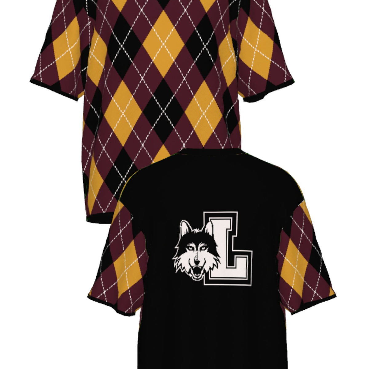 Loyola University Chicago Argyle Knit Short Sleeve Sweater by Soundoff in burgundy, mustard, black and white front and back