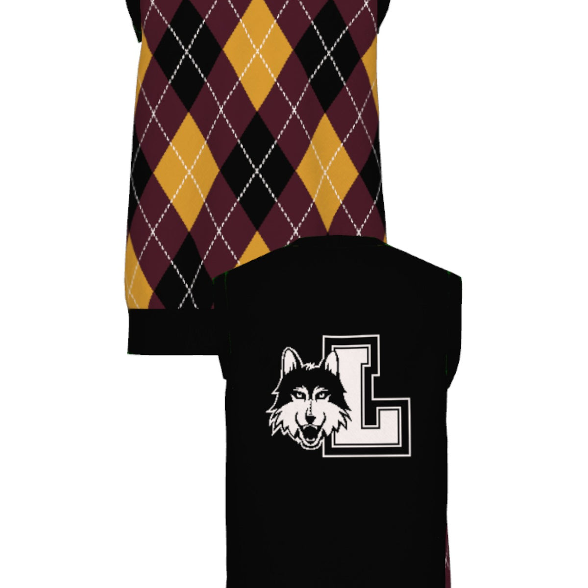 Loyola University Chicago Argyle Knit V-Neck Vest Sweater by Soundoff in burgundy, mustard, black and white front and back