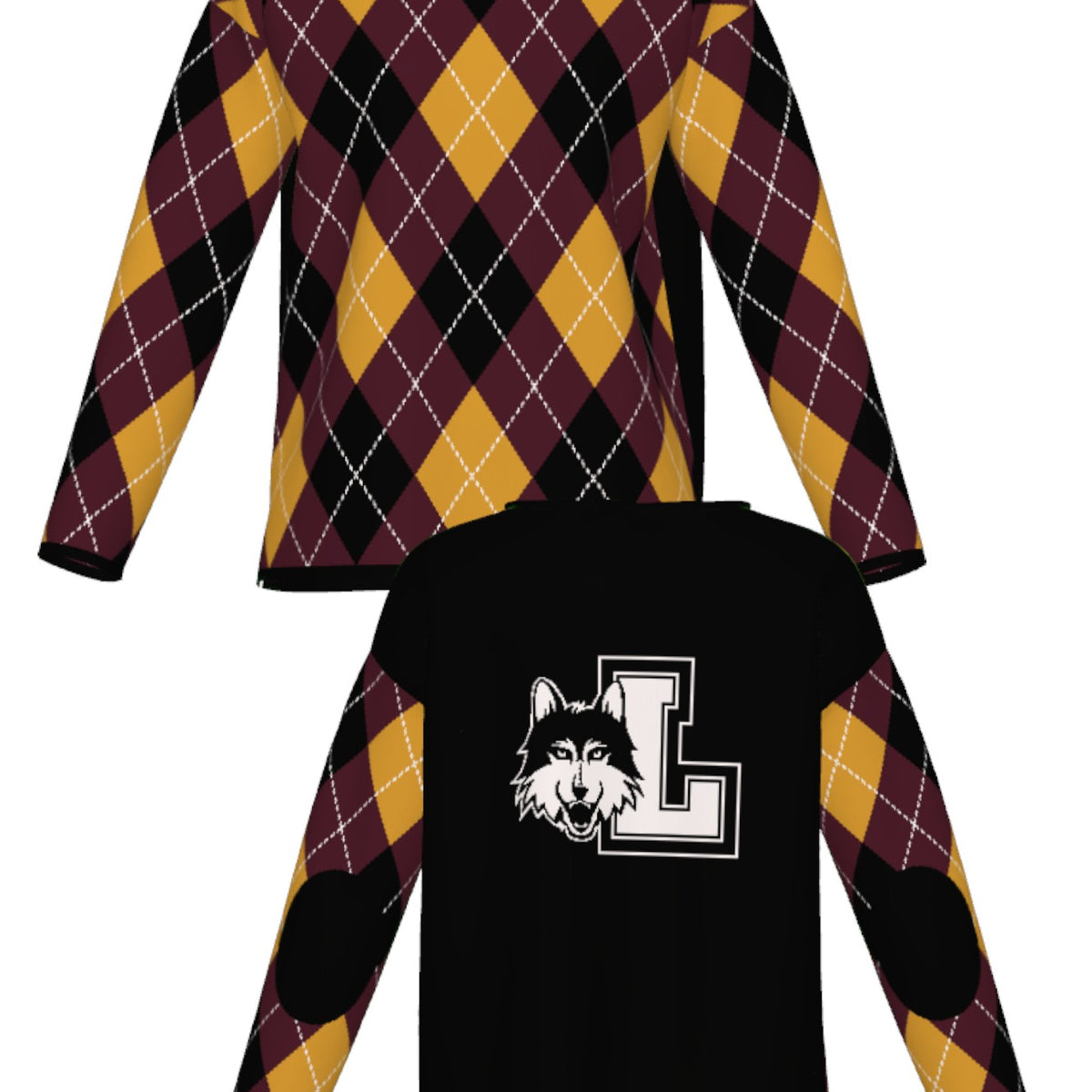 Loyola University Chicago Argyle Knit Women's Sweater by Soundoff in burgundy, mustard, black and white front and back