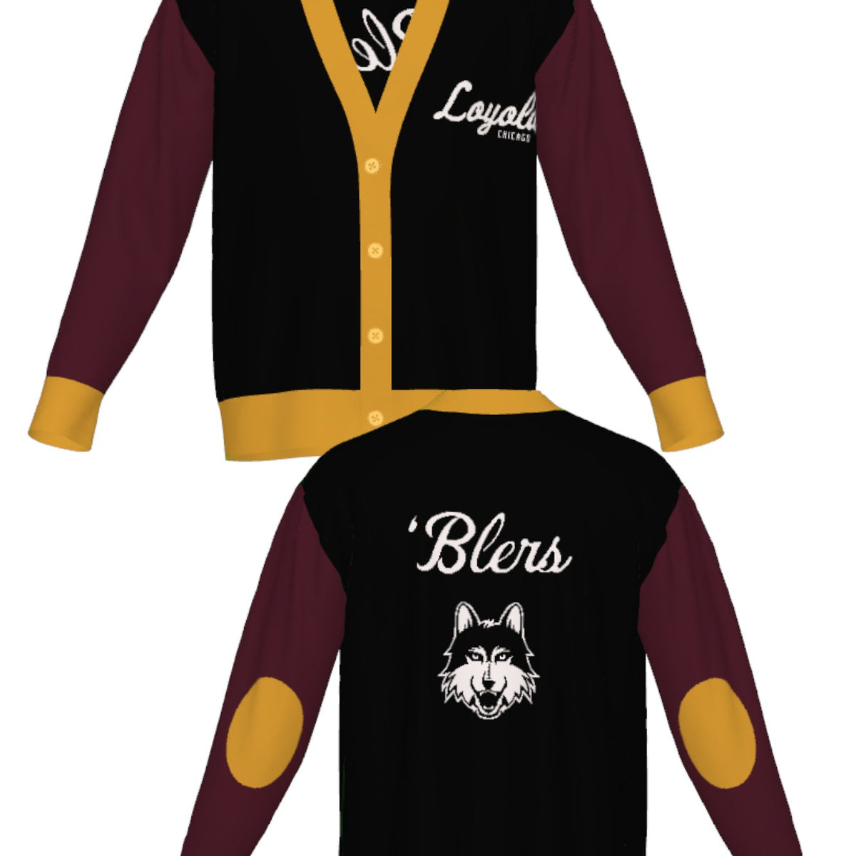 Loyola University Chicago Color Block Knit Cardigan Sweater by Soundoff in burgundy, mustard, black and white front and back