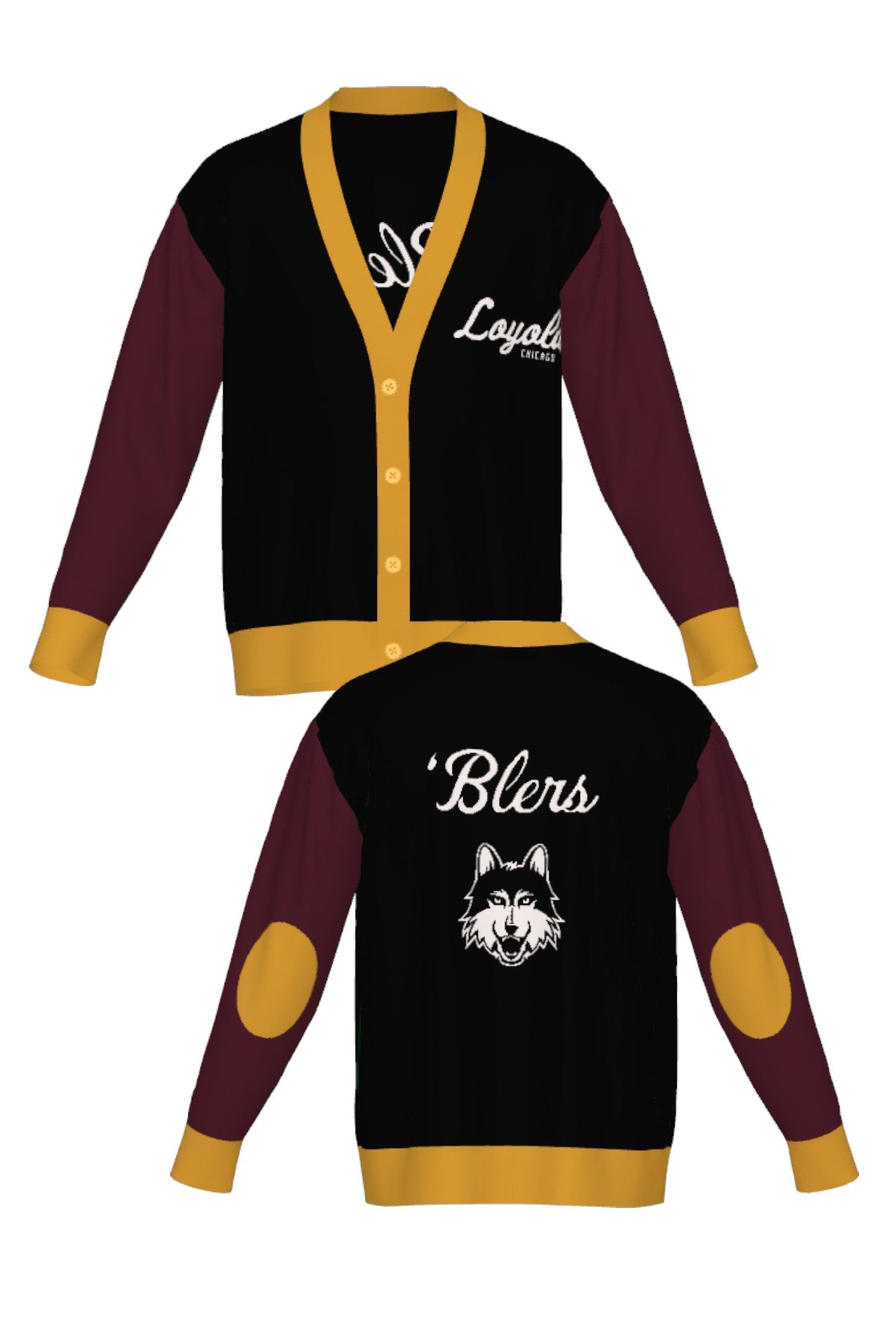 Loyola University Chicago Color Block Knit Cardigan Sweater by Soundoff in burgundy, mustard, black and white front and back