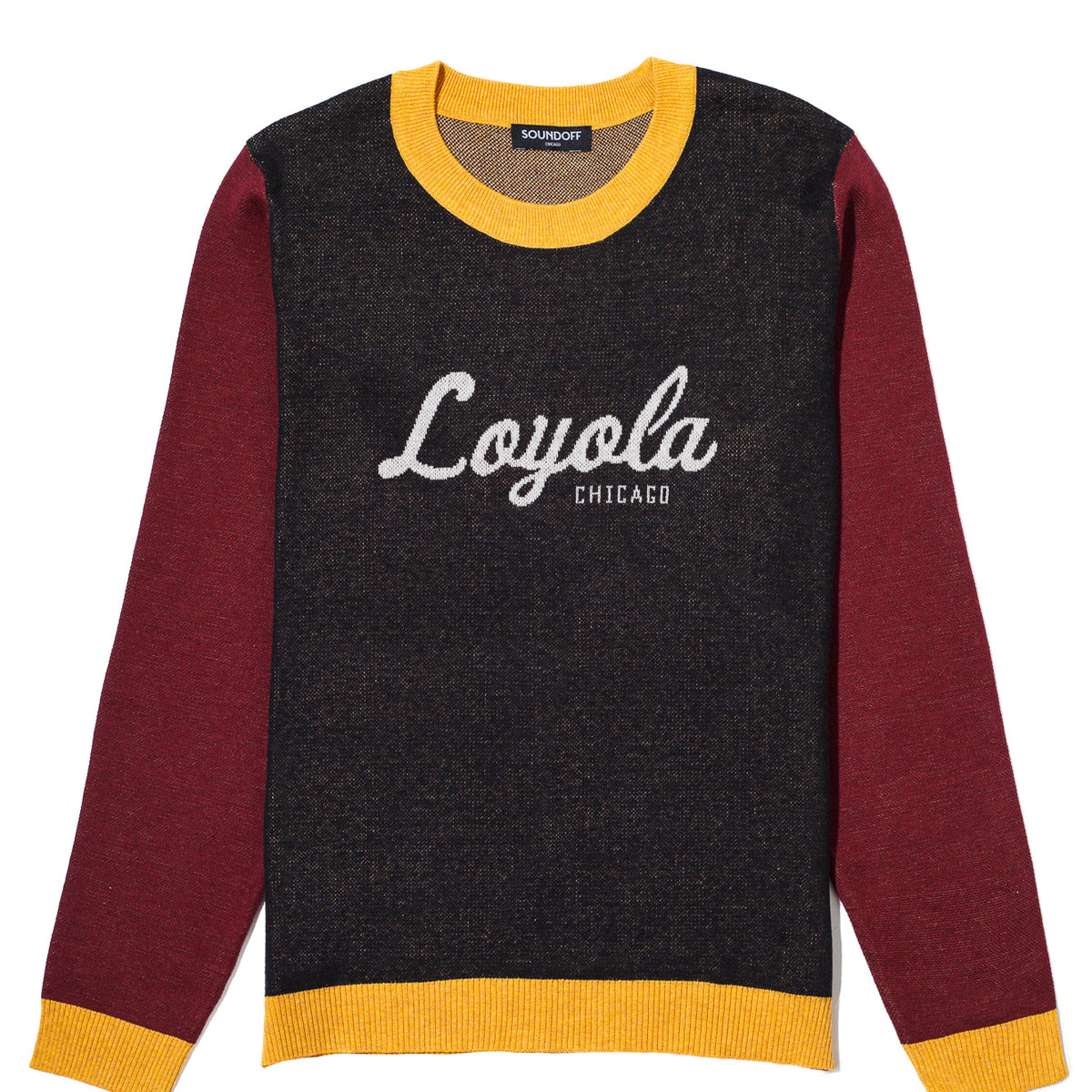 Loyola University Chicago Color Block Knit Classic Crew Neck Sweater by Soundoff in burgundy, mustard, black and white front