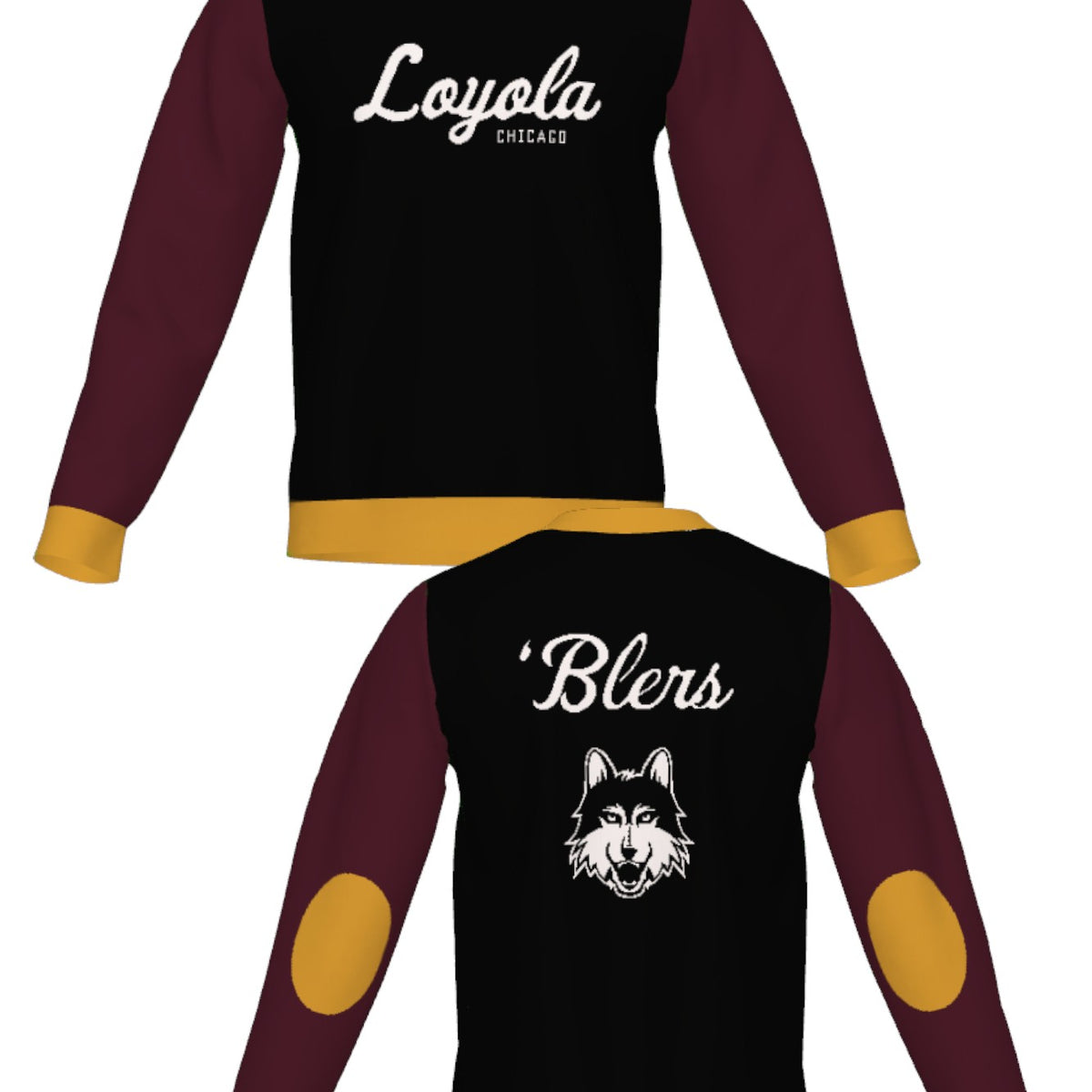 Loyola University Chicago Color Block Knit Classic Crew Neck Sweater by Soundoff in burgundy, mustard, black and white front and back