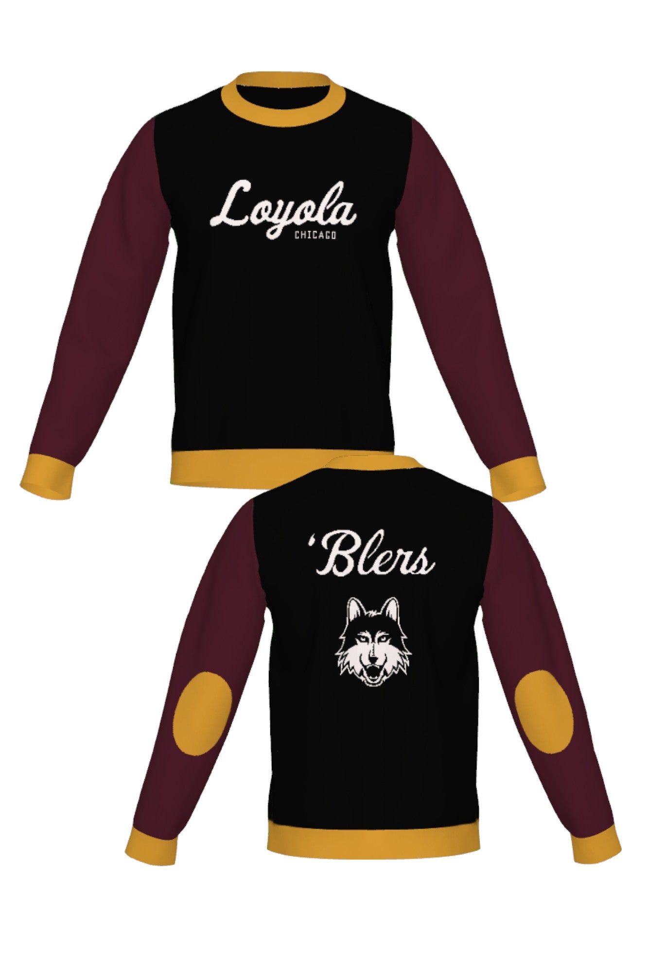 Loyola University Chicago Color Block Knit Classic Crew Neck Sweater by Soundoff in burgundy, mustard, black and white front and back