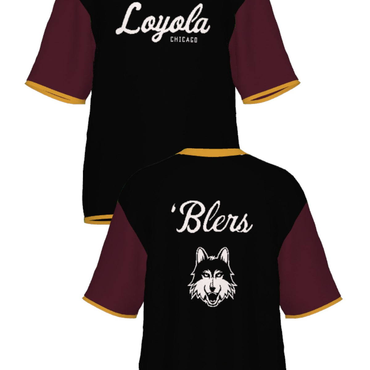 Loyola University Chicago Color Block Knit Short Sleeve Sweater by Soundoff in burgundy, mustard, black and white front and back