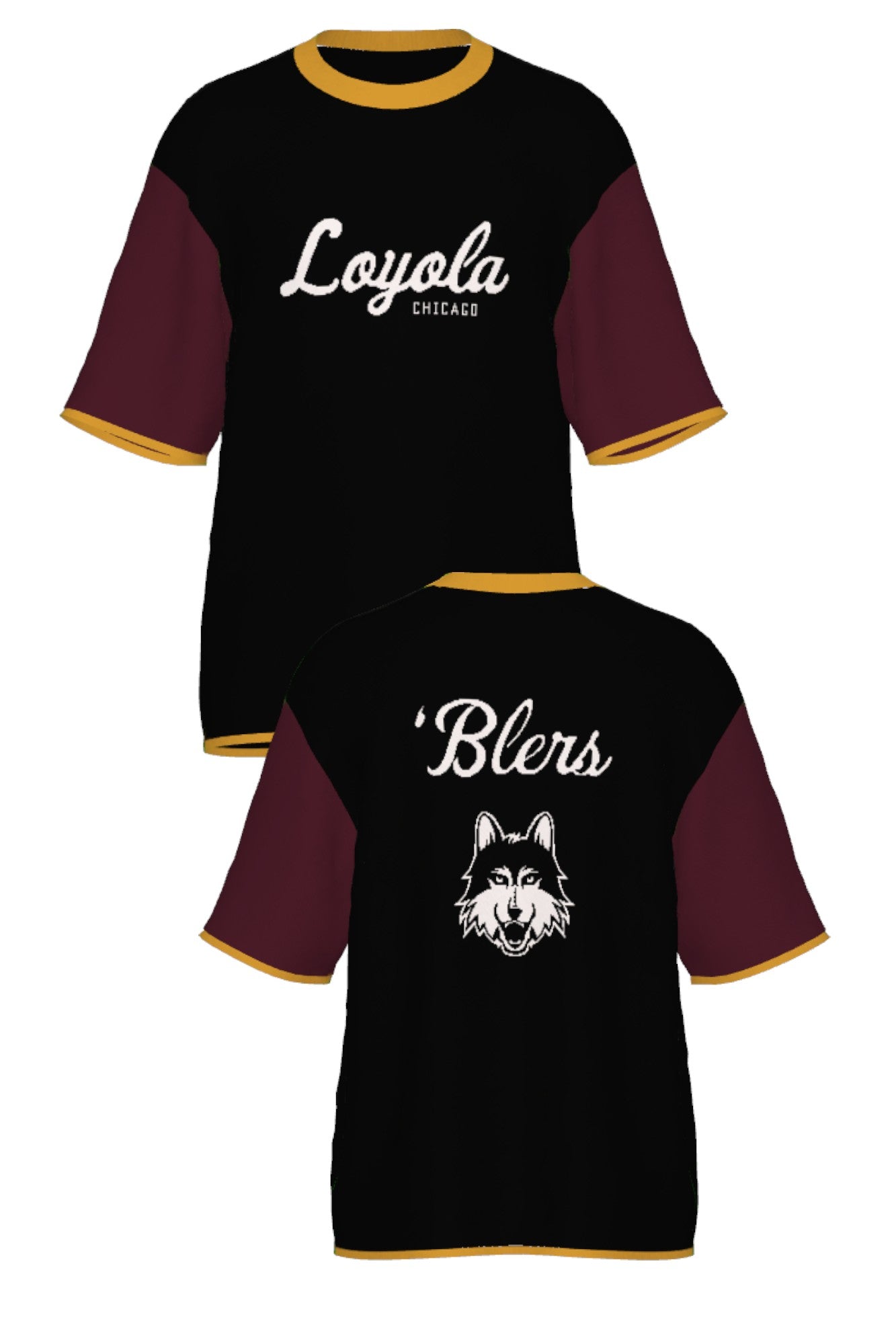 Loyola University Chicago Color Block Knit Short Sleeve Sweater by Soundoff in burgundy, mustard, black and white front and back