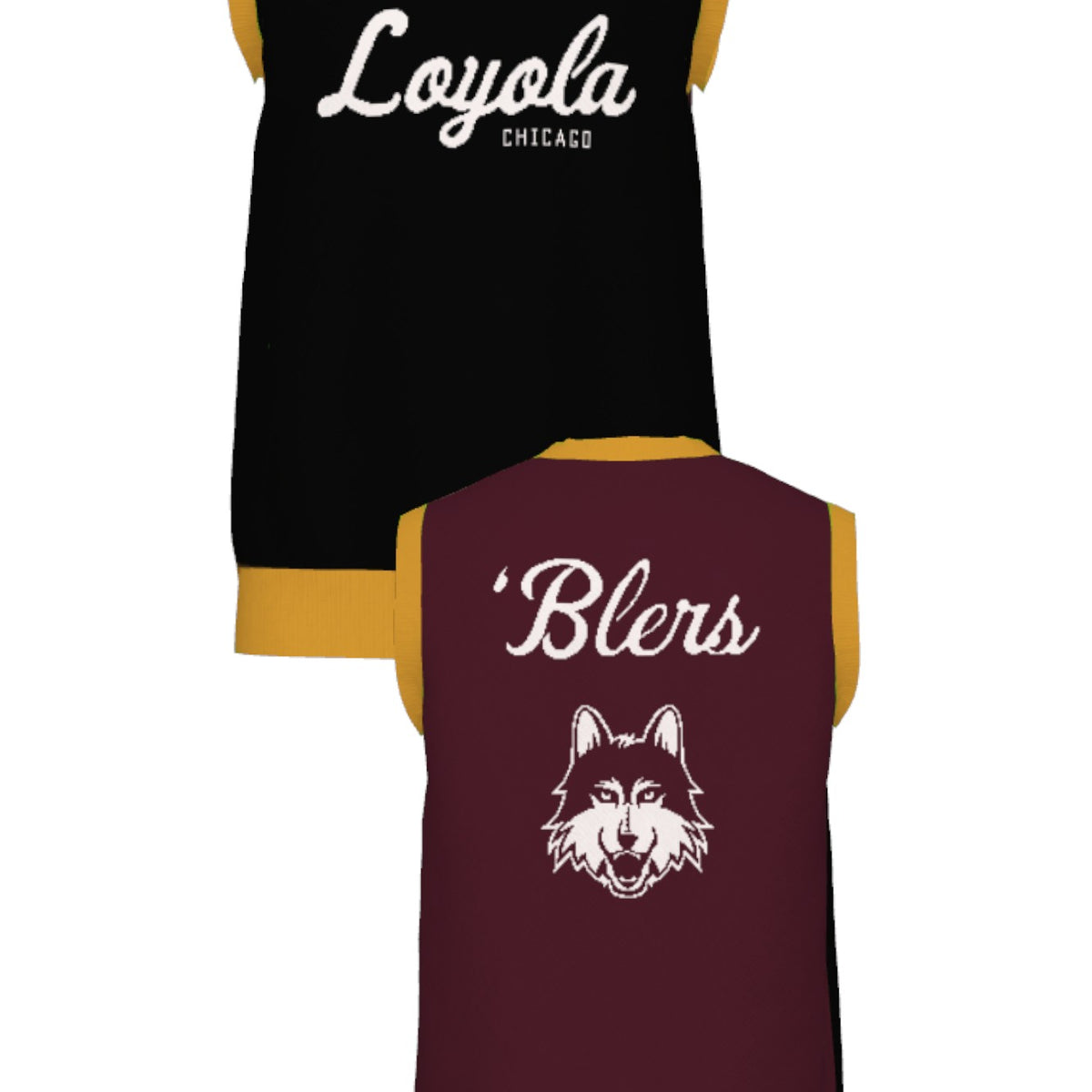Loyola University Chicago Color Block Knit V-Neck Vest Sweater by Soundoff in maroon, mustard, black and white front and back