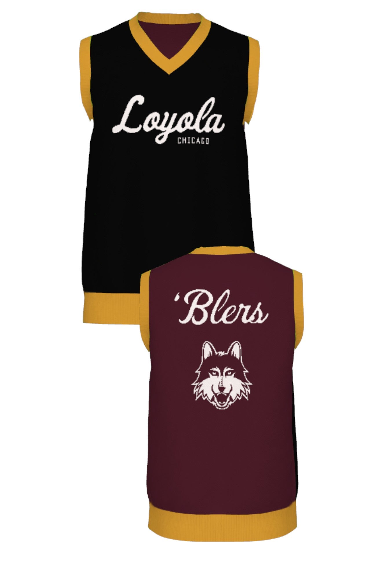 Loyola University Chicago Color Block Knit V-Neck Vest Sweater by Soundoff in maroon, mustard, black and white front and back