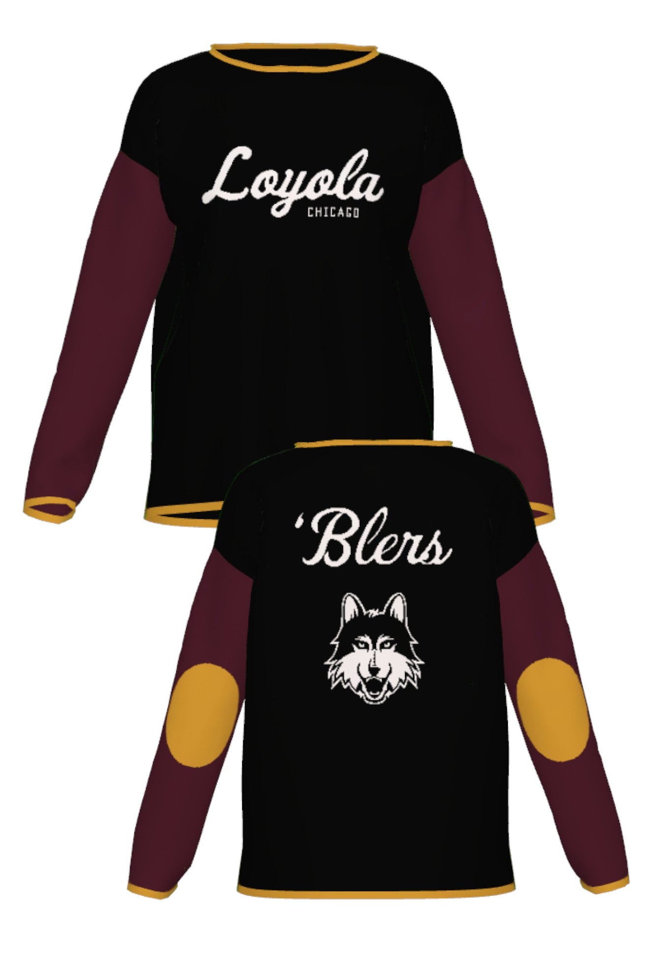 Loyola University Chicago Color Block Knit Women's Sweater by Soundoff in burgundy, mustard, black and white front and back