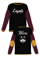Loyola University Chicago Color Block Knit Women's Sweater by Soundoff in burgundy, mustard, black and white front and back