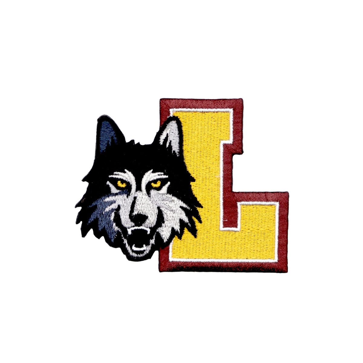 embroidered crest patch with the loyola university chicago wolf mascot and a block L from soundoff front