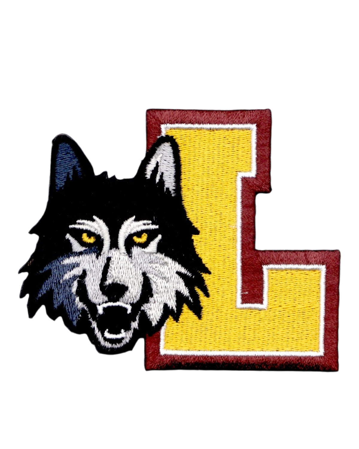 Loyola University Chicago Wolf Head and Block L Embroidered Crest Patch in Black, Gray, Burgundy and Mustard Gold, 3.4 inches wide by 2.8 inches tall by SOUNDOFF - front