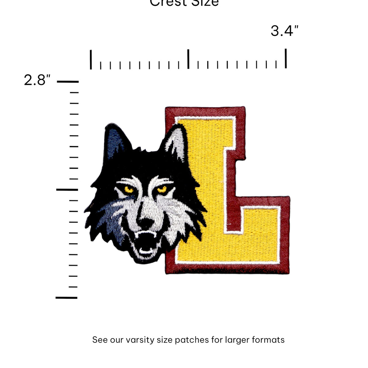 embroidered crest patch with the loyola university chicago wolf mascot and a block L from soundoff front with size