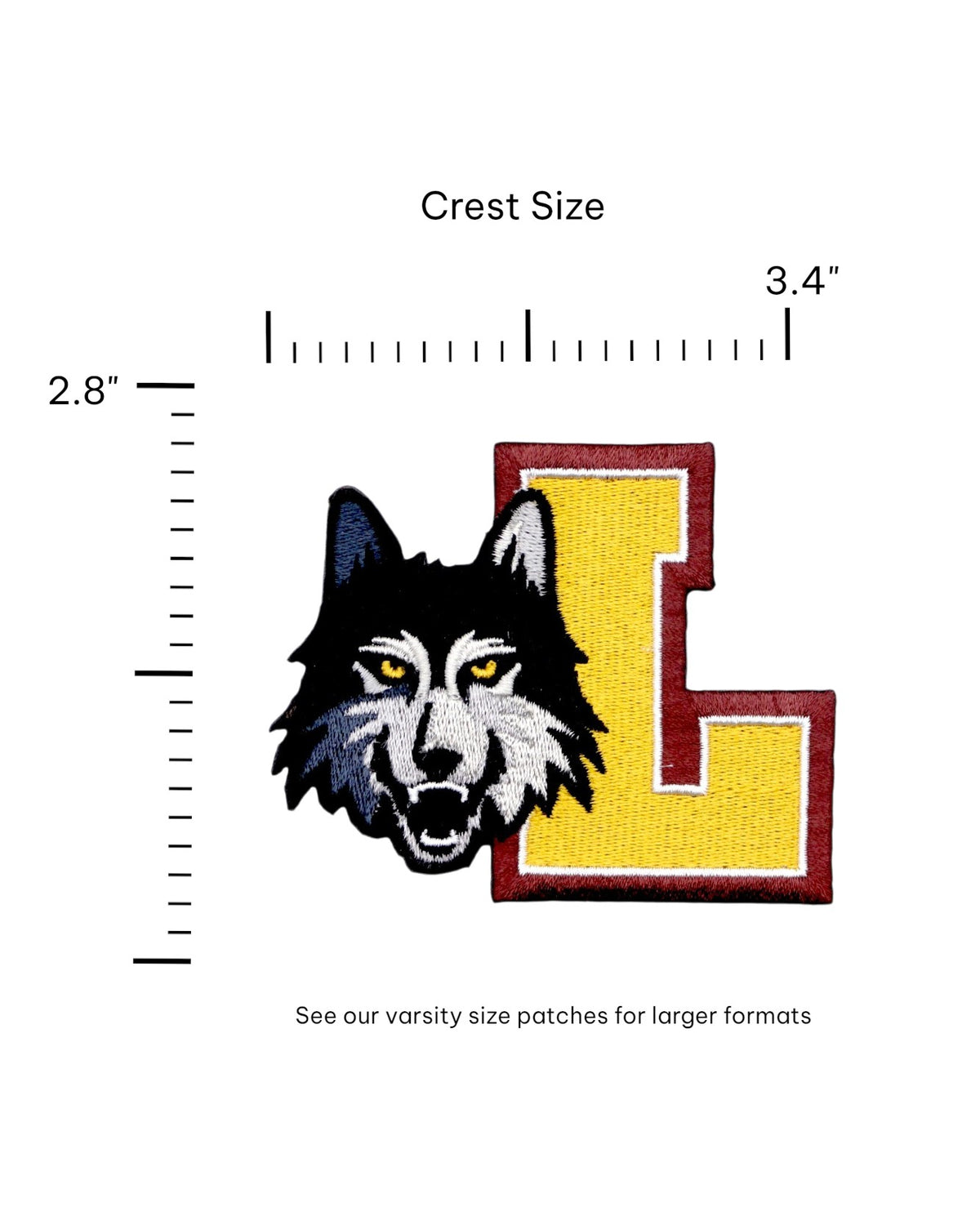 Loyola University Chicago Wolf Head and Block L Embroidered Crest Patch in Black, Gray, Burgundy and Mustard Gold, 3.4 inches wide by 2.8 inches tall by SOUNDOFF - size