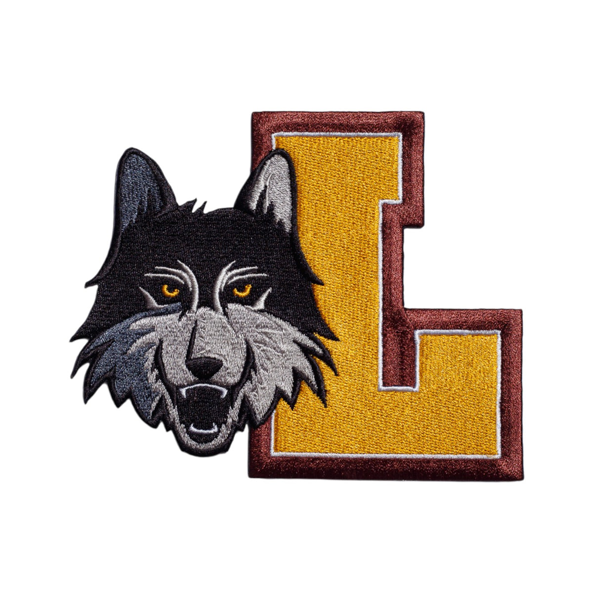 Embroidered patch with the Loyola University Chicago Wolf Mascot and a Block L from Soundoff Front