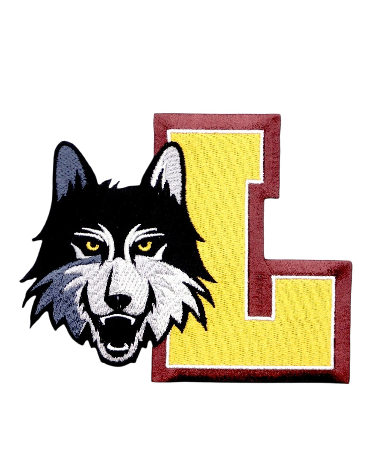Loyola University Chicago LUC Wolf & Block L Embroidered Varsity Patch in Black, Gray, Maroon and Gold, 5.5 inches wide by 4.5 inches tall by SOUNDOFF - front
