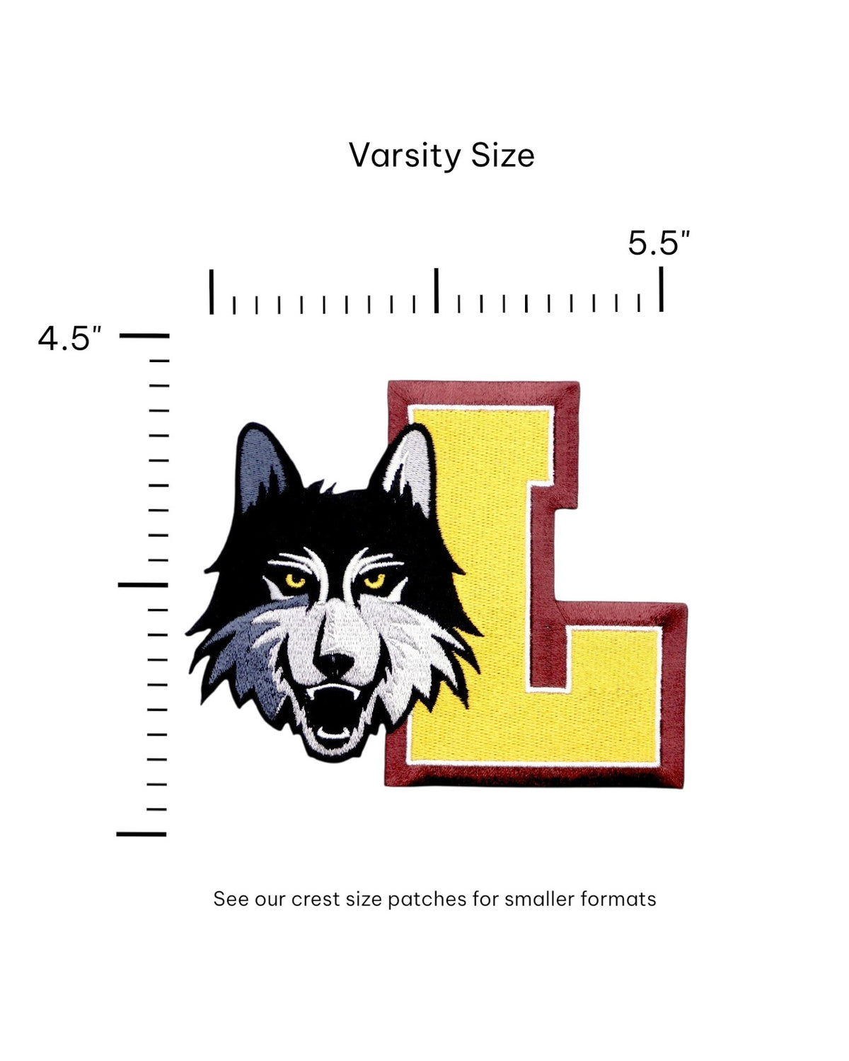 Loyola University Chicago LUC Wolf & Block L Embroidered Varsity Patch in Black, Gray, Maroon and Gold, 5.5 inches wide by 4.5 inches tall by SOUNDOFF - size