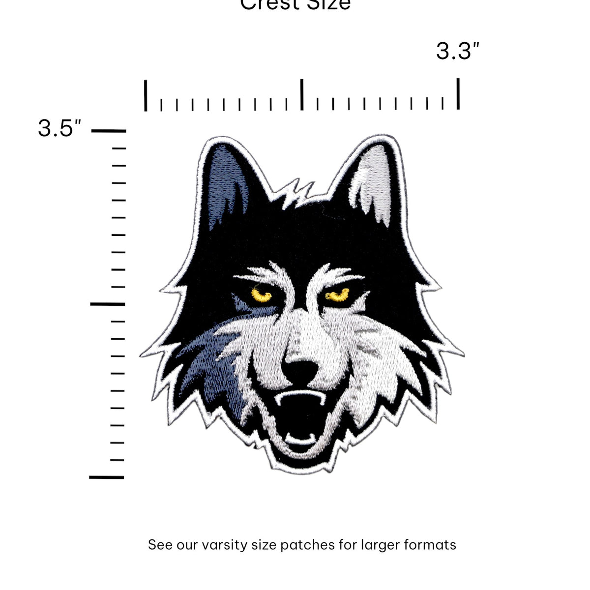 loyola university chicago wolf logo embroidered crest patch in black gray and mustard from soundoff front with size