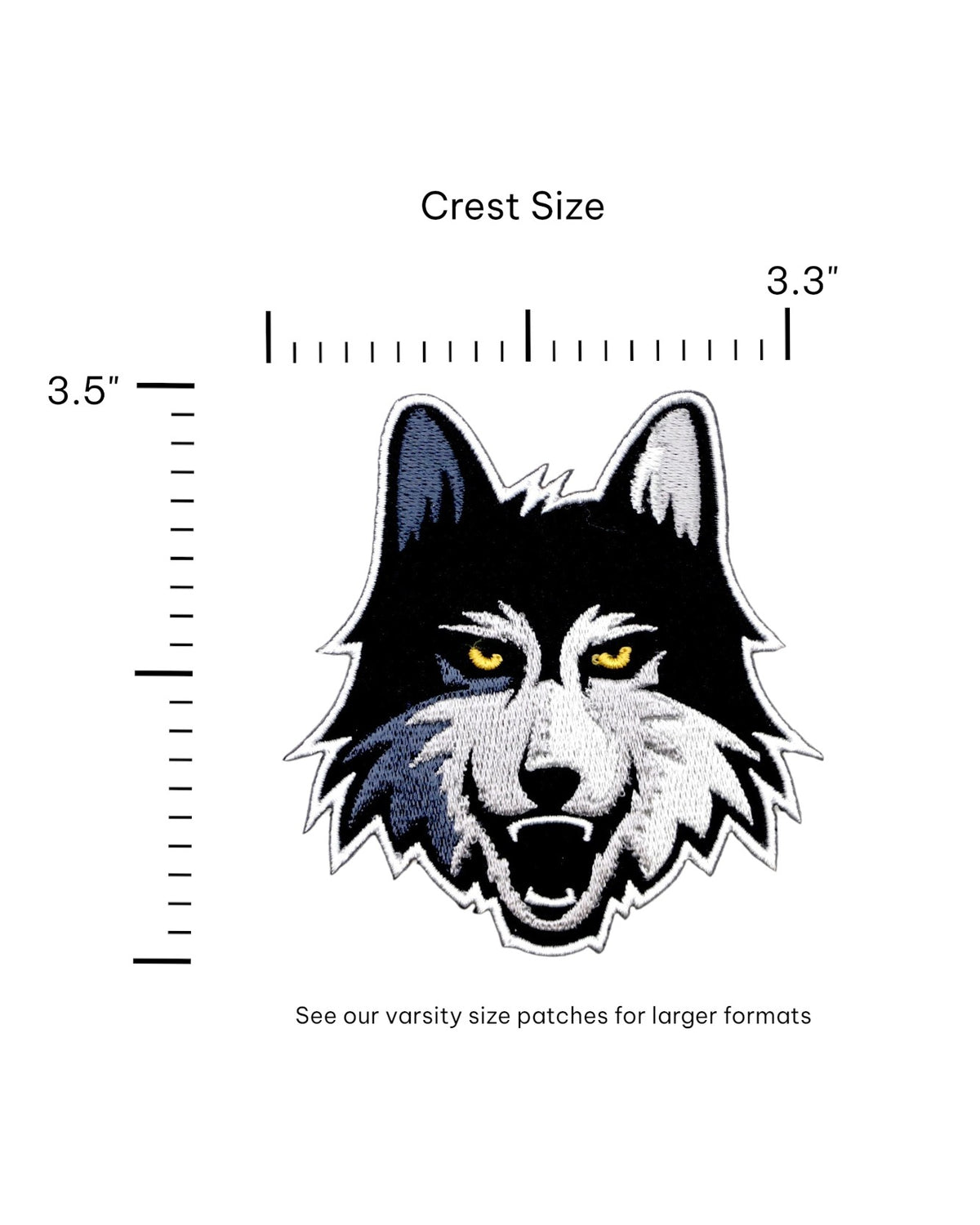 Loyola University Chicago LUC Wolf Embroidered Crest Patch in Black, Gray and Gold, 3.3 inches wide by 3.5 inches tall by SOUNDOFF - size