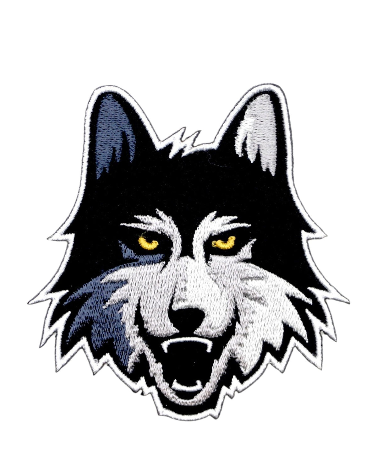 Loyola University Chicago LUC Wolf Embroidered Crest Patch in Black, Gray and Gold, 3.3 inches wide by 3.5 inches tall by SOUNDOFF - front