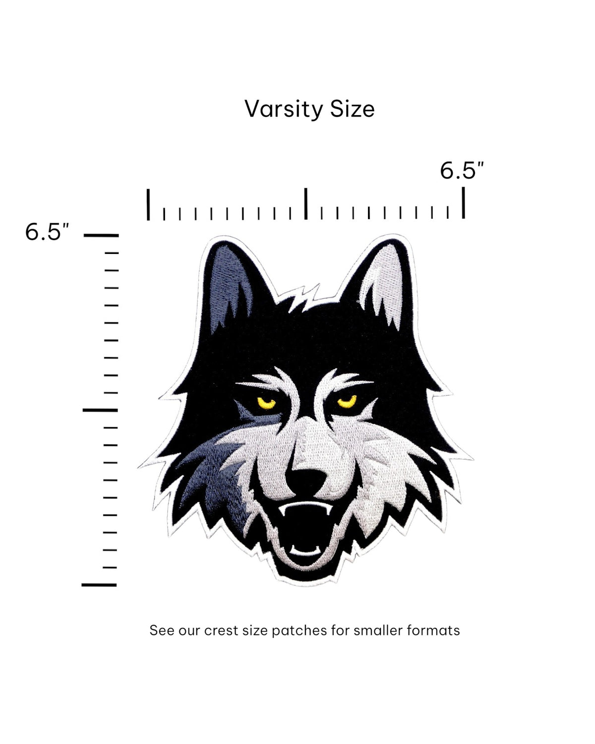 Loyola University Chicago LUC Wolf Embroidered Varsity Patch in Black, Gray and Gold, 6.5 inches wide by 6.2 inches tall by SOUNDOFF - size