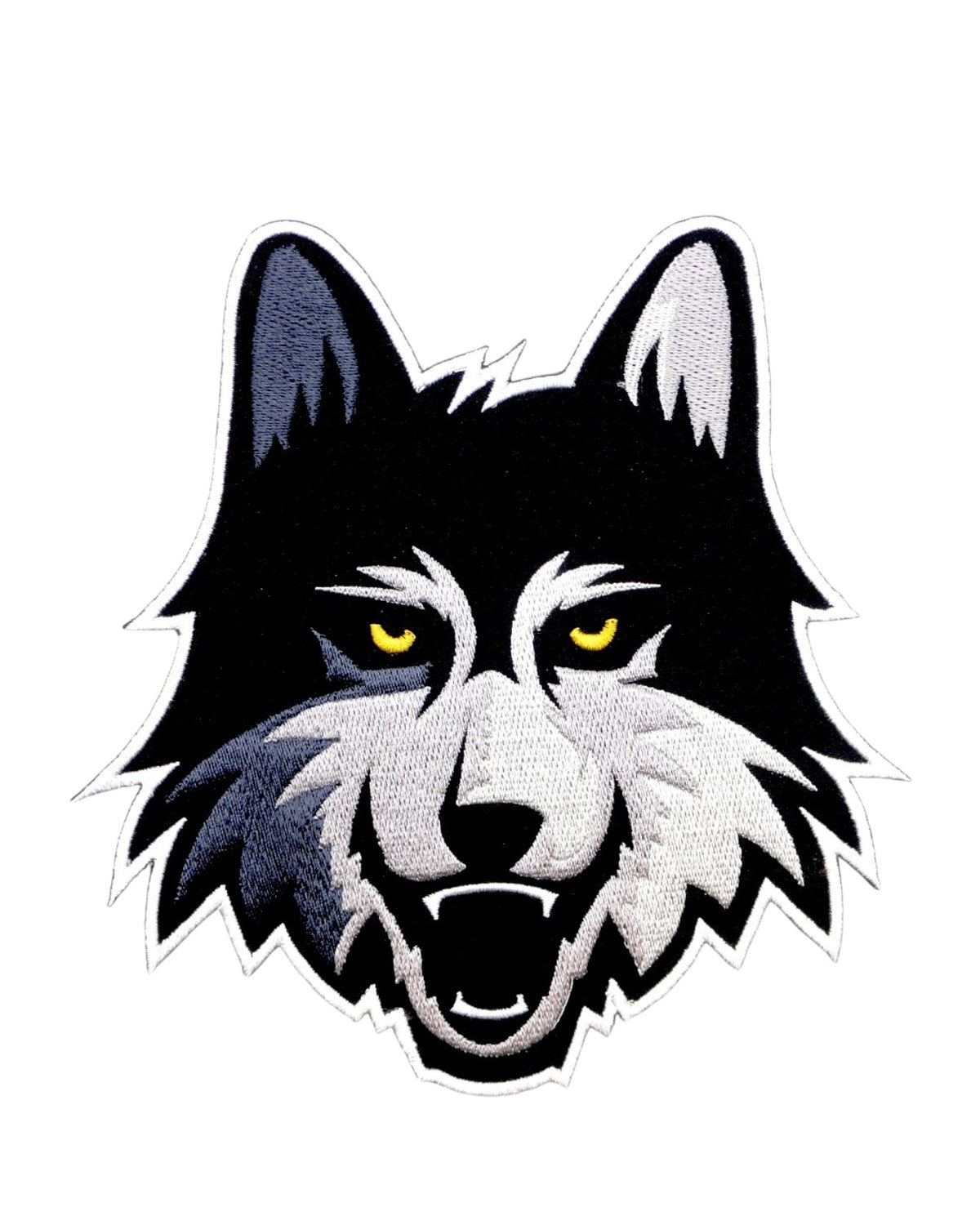 Loyola University Chicago LUC Wolf Embroidered Varsity Patch in Black, Gray and Gold, 6.5 inches wide by 6.2 inches tall by SOUNDOFF - front