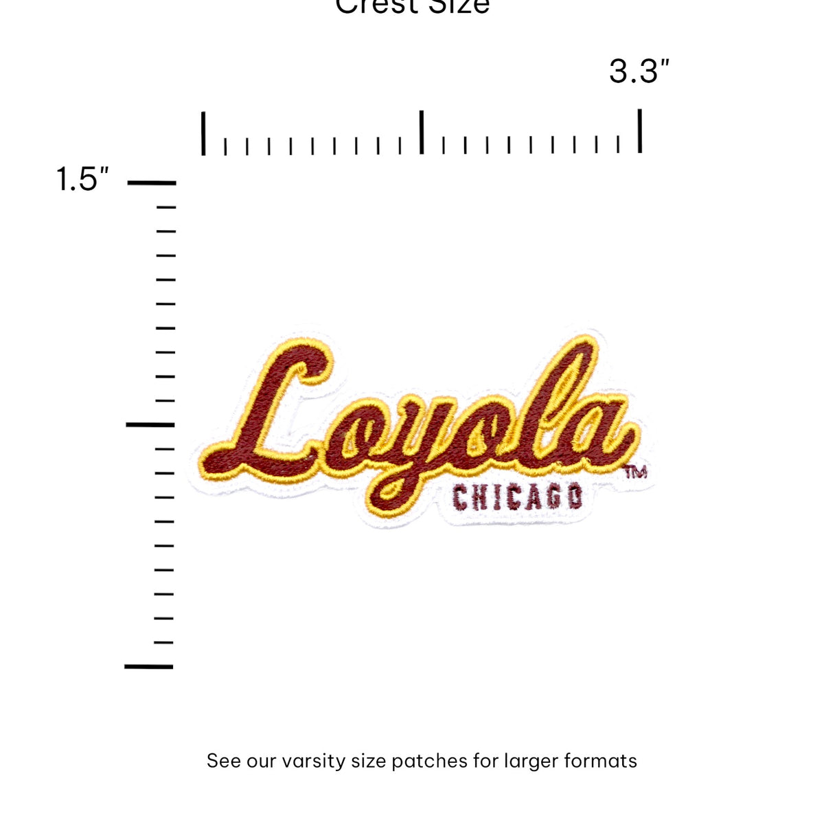 loyola university chicago script logo crest patch in maroon, gold and white from soundoff with size