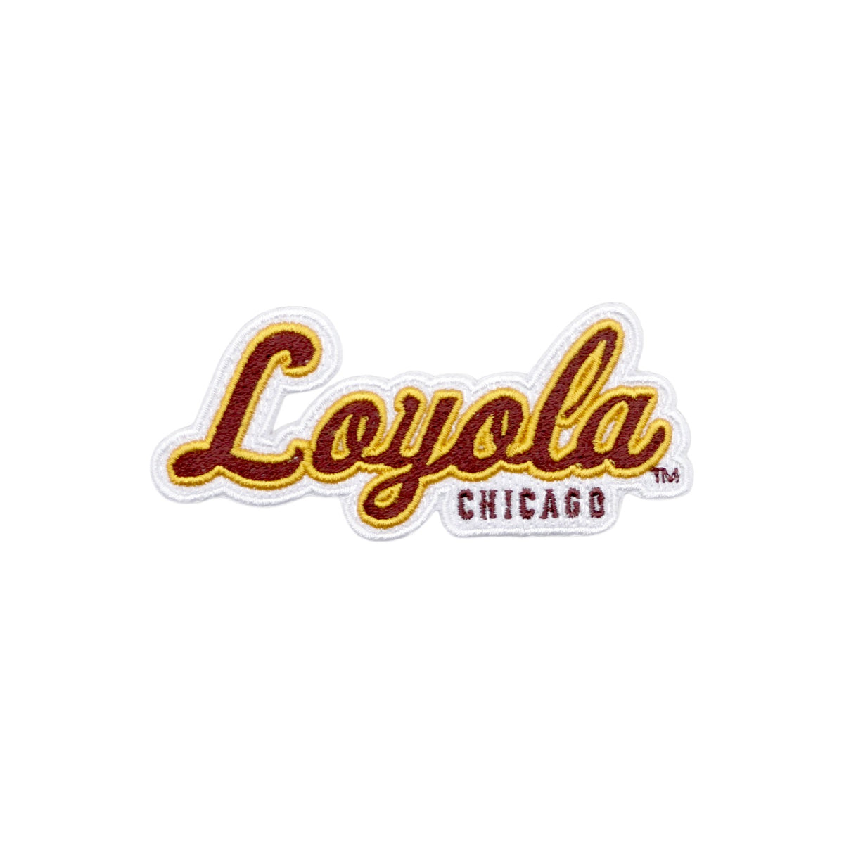 loyola university chicago script logo crest patch in maroon, gold and white from soundoff