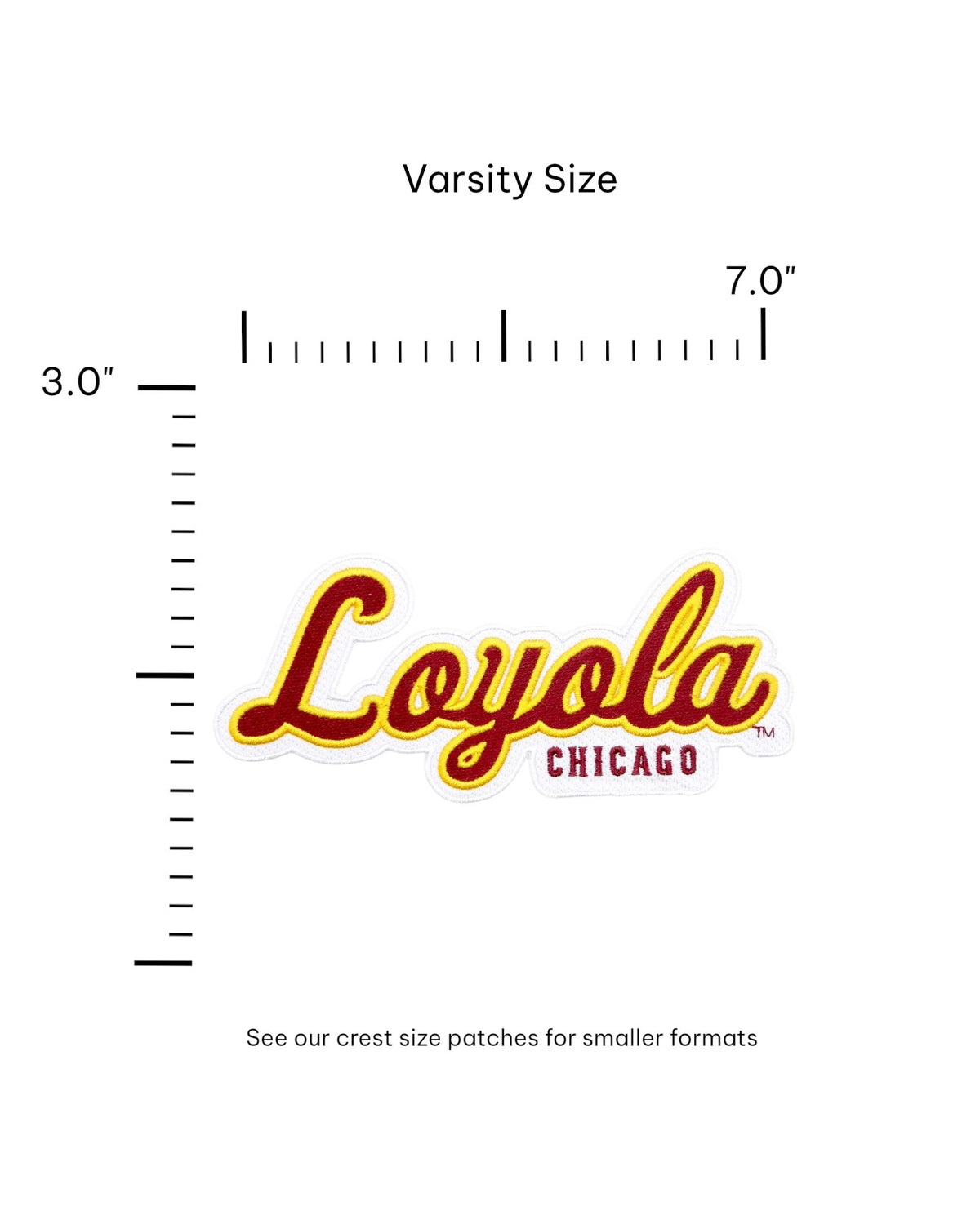 Loyola University Chicago Script Varsity Embroidered Patch in Burgundy and Mustard Gold, 7 inches wide by 3 inches tall by SOUNDOFF - size