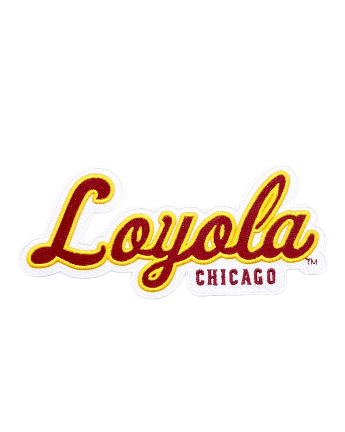 Loyola University Chicago Script Varsity Embroidered Patch in Burgundy and Mustard Gold, 7 inches wide by 3 inches tall by SOUNDOFF - front