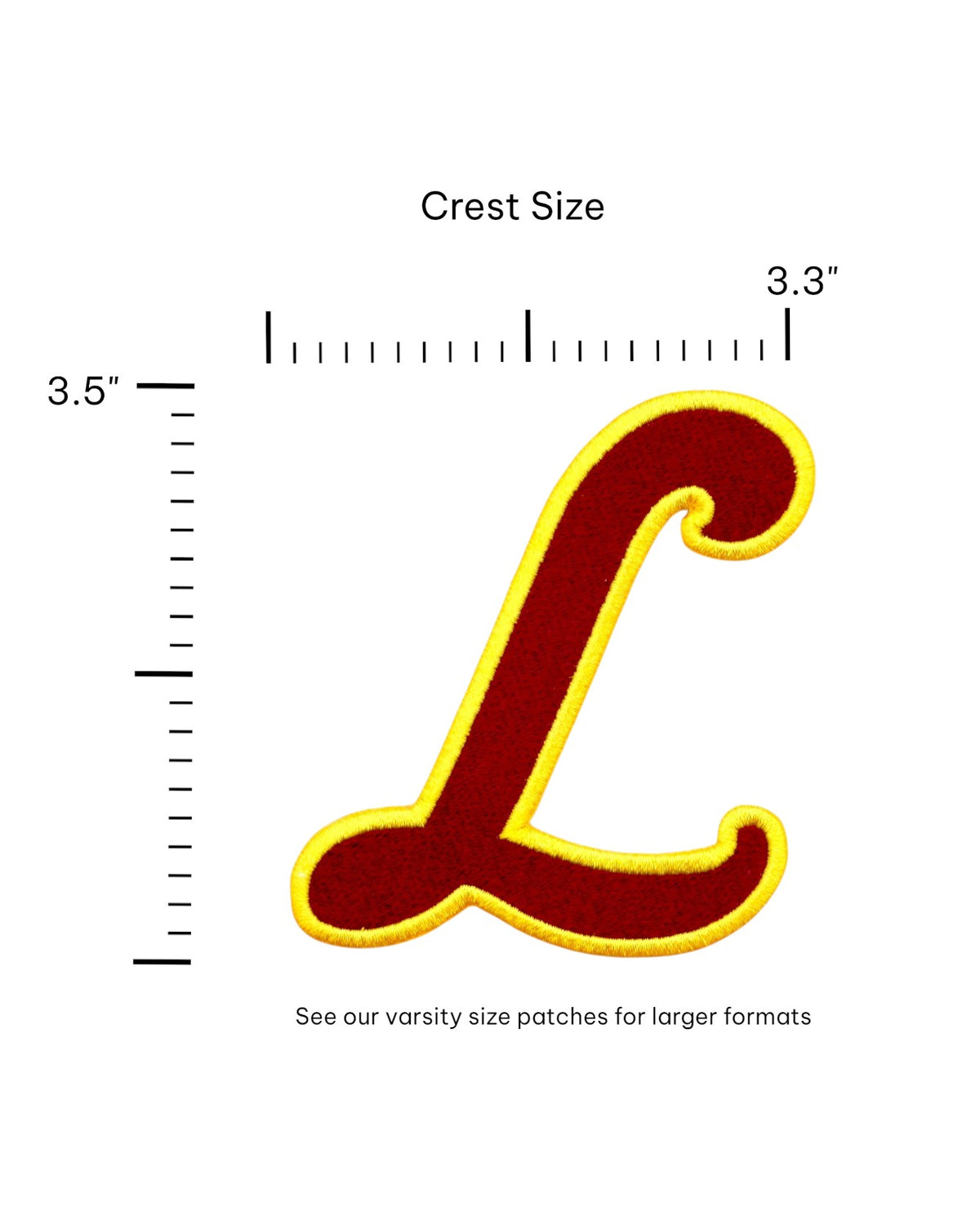 Loyola University Chicago Script L Crest Embroidered Patch in Burgundy and Mustard Gold, 3.3 inches wide by 3.5 inches tall by SOUNDOFF - size
