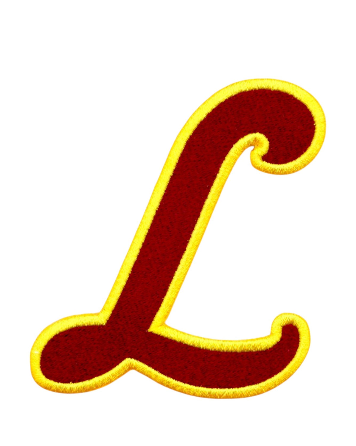 Loyola University Chicago Script L Crest Embroidered Patch in Burgundy and Mustard Gold, 3.3 inches wide by 3.5 inches tall by SOUNDOFF - front